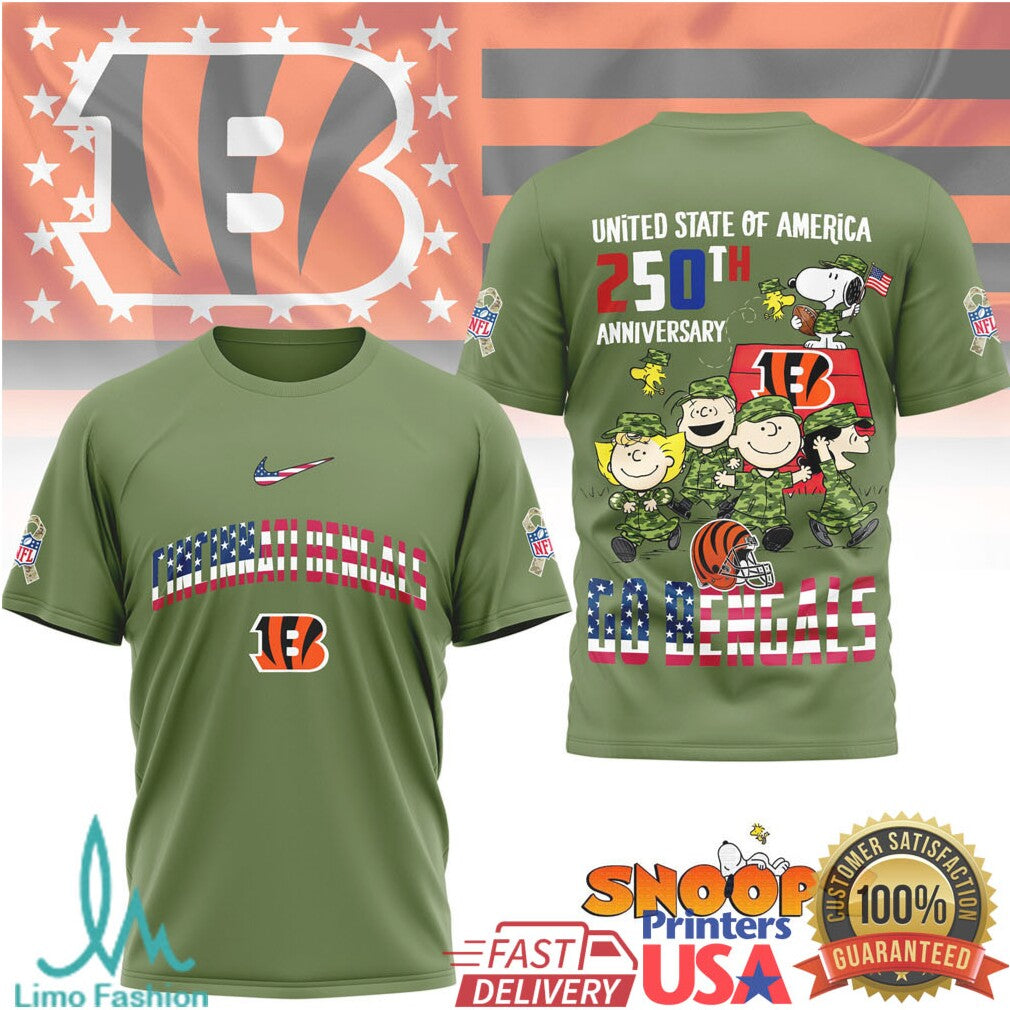 Cincinnati Bengals Snoopy Peanuts 250th Anniversary Olive Fan T Shirt - Limotees LLC