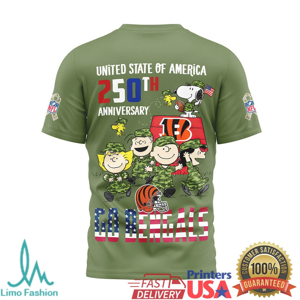 Cincinnati Bengals Snoopy Peanuts 250th Anniversary Olive Fan T Shirt - Limotees LLC
