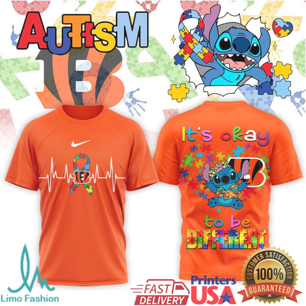 Cincinnati Bengals Stitch Autism Awareness Pride Heart T Shirt - Limotees LLC