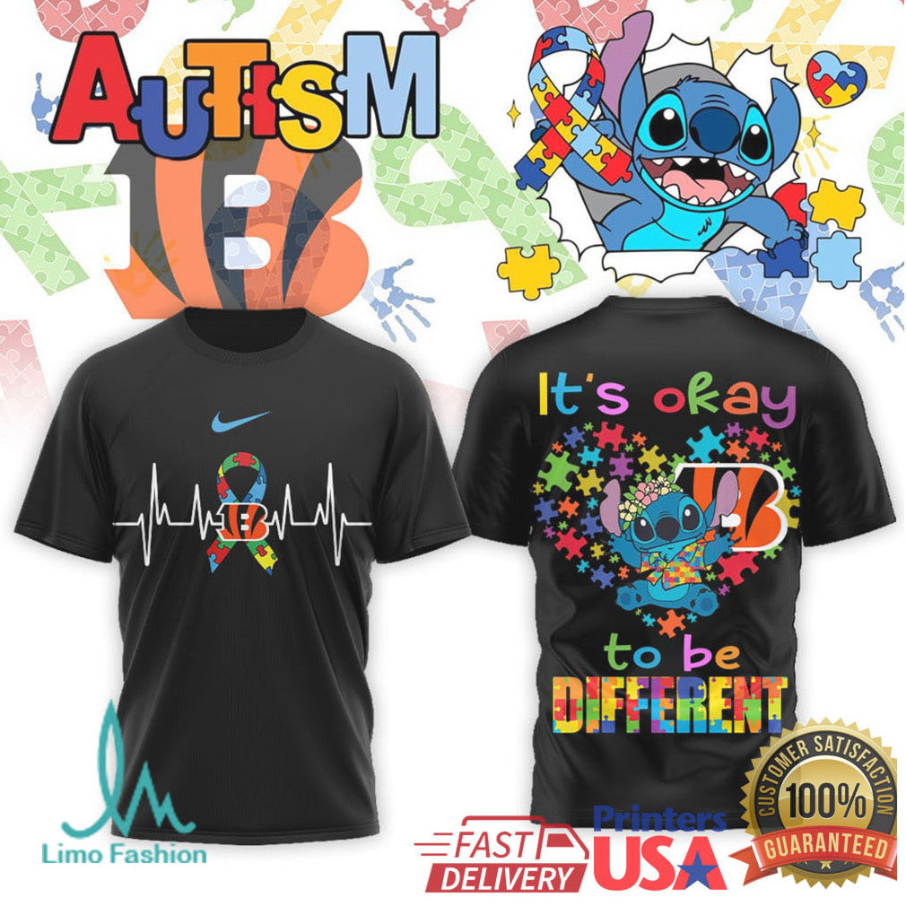 Cincinnati Bengals Stitch Autism Awareness Pride Heart T Shirt - Limotees LLC