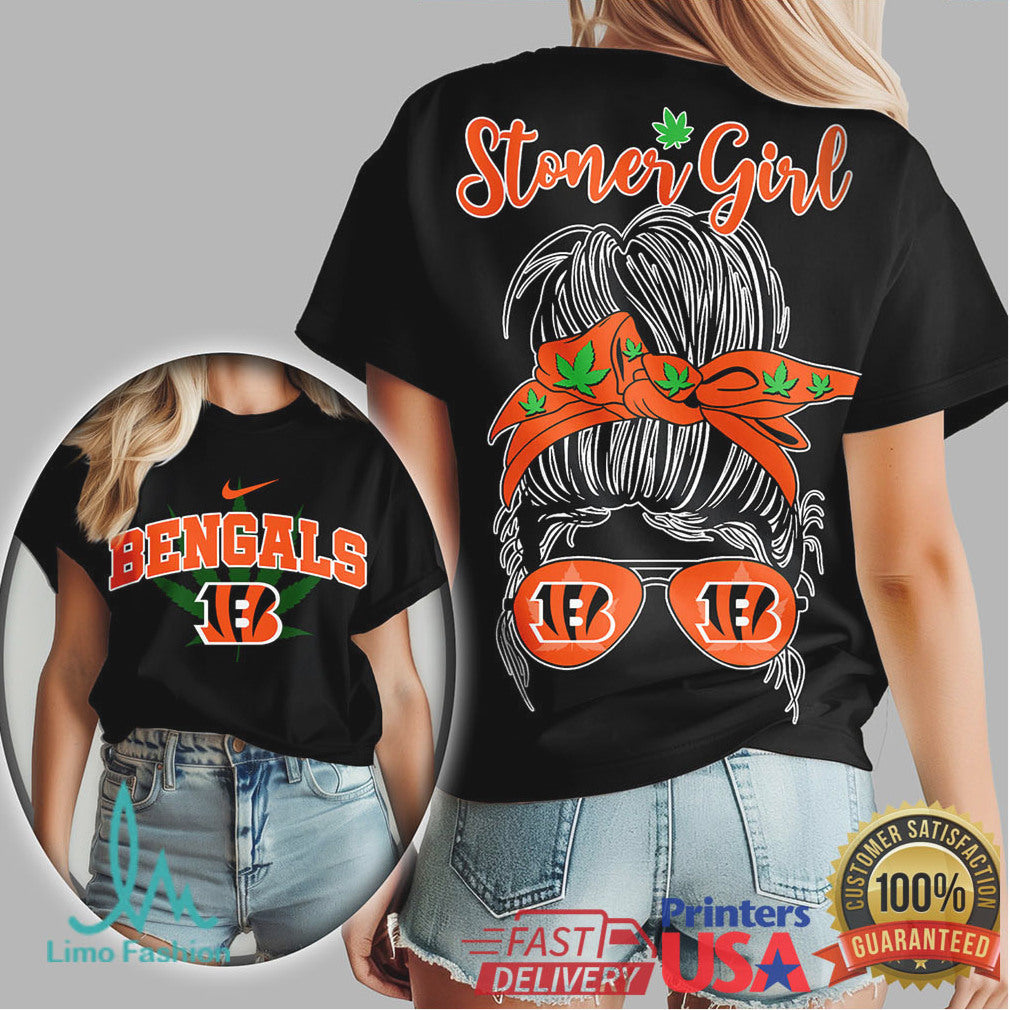 Cincinnati Bengals Stoner Girl Messy Bun Weed Leaf T Shirt - Limotees LLC