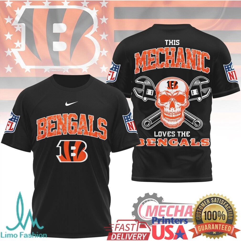Cincinnati Bengals This Mechanic Loves The Bengals Skull T Shirt - Limotees LLC