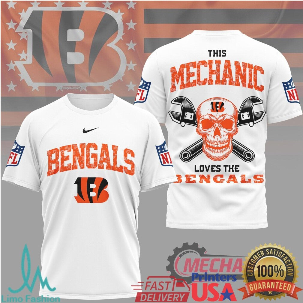 Cincinnati Bengals This Mechanic Loves The Bengals Skull T Shirt - Limotees LLC