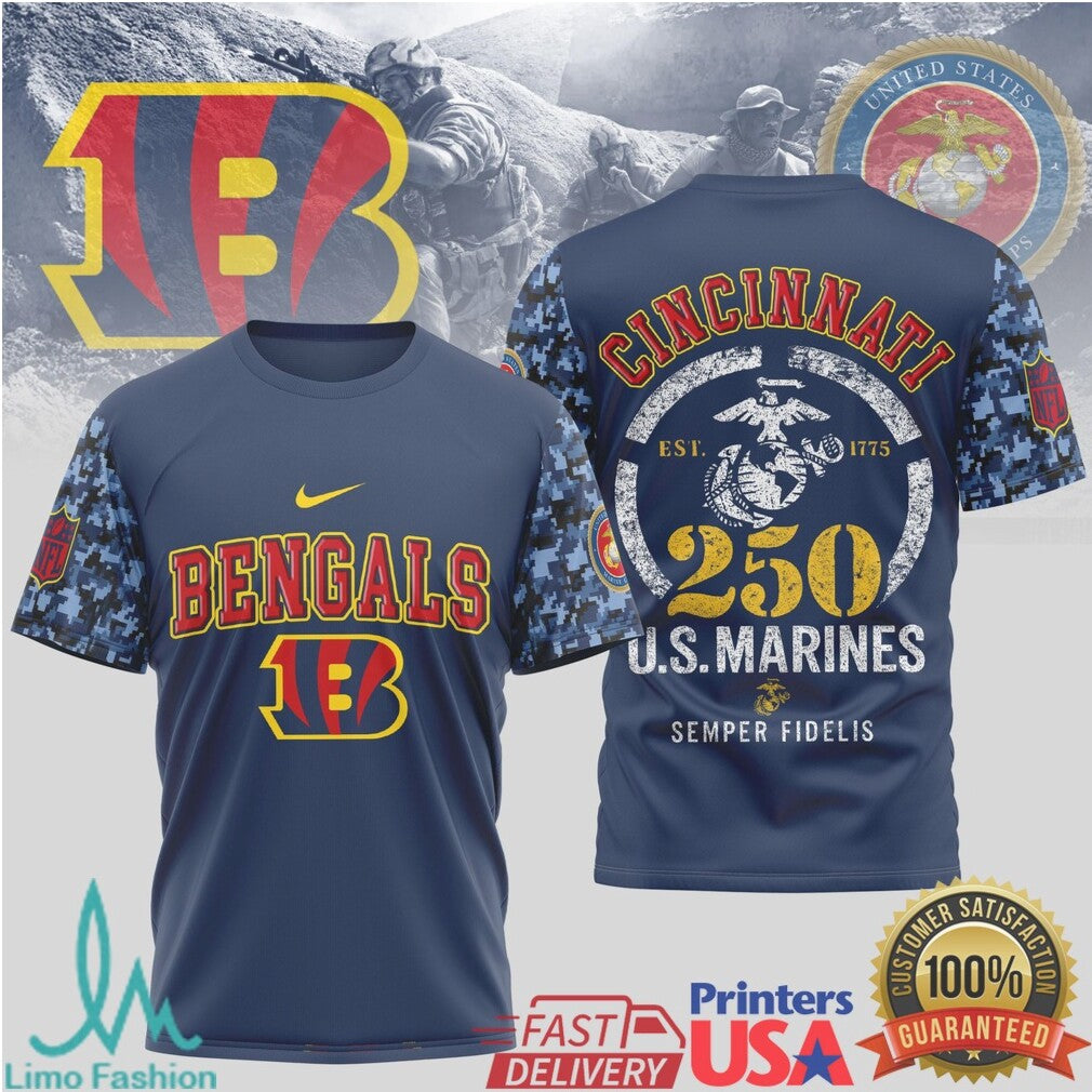 Cincinnati Bengals US Marine Corps 250th Anniversary Navy T Shirt - Limotees LLC