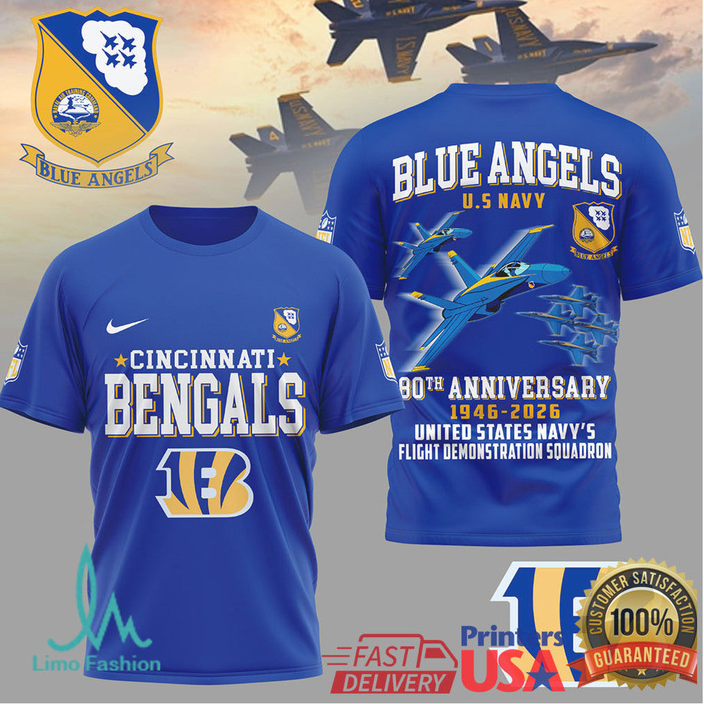 Cincinnati Bengals x Blue Angels 80th Anniversary U.S. Navy Blue T Shirt - Limotees LLC
