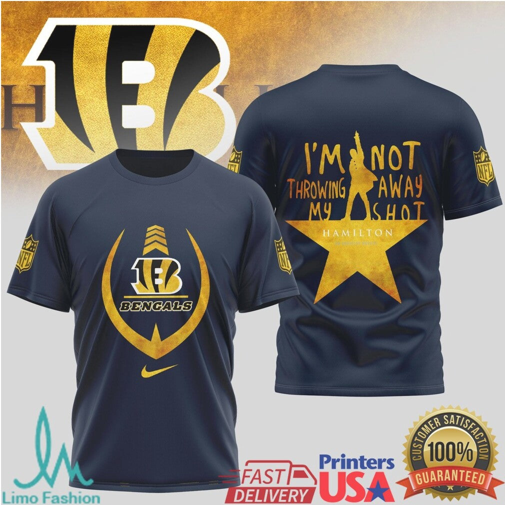 Cincinnati Bengals x Hamilton Musical Not Throwing Away My Shot Navy Performance T Shirt - Limotees LLC