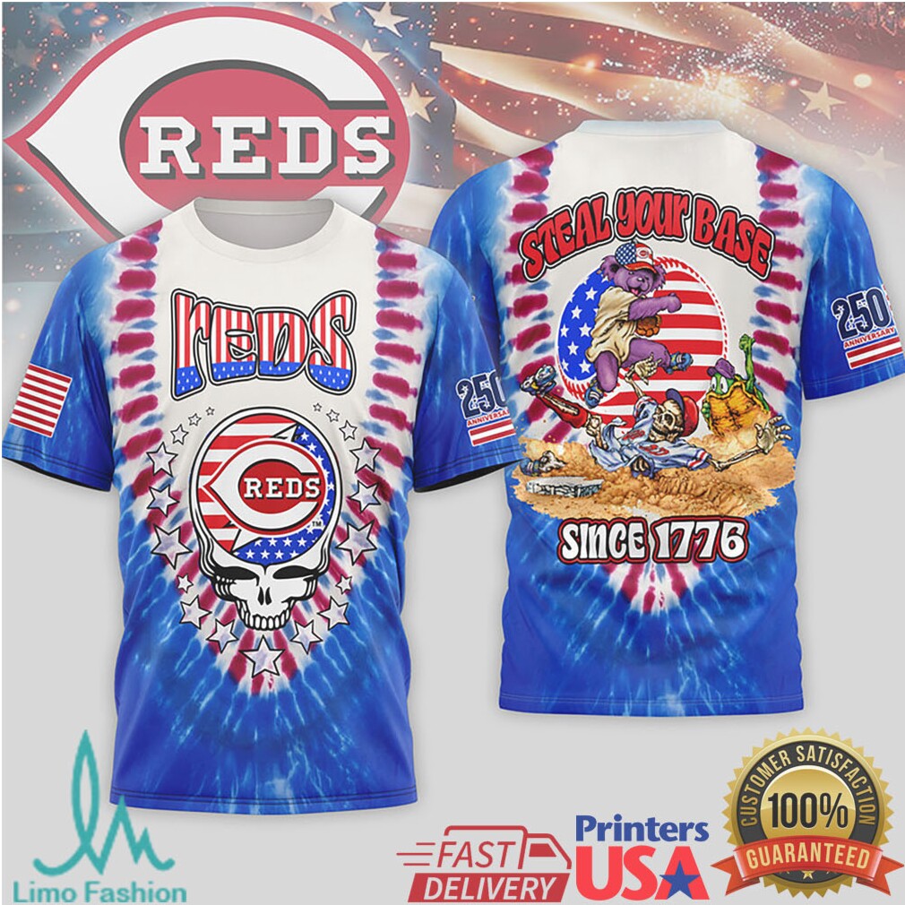 Cincinnati Reds Grateful Dead Steal Your Base Since 1776 Tie Dye T Shirt - Limotees LLC