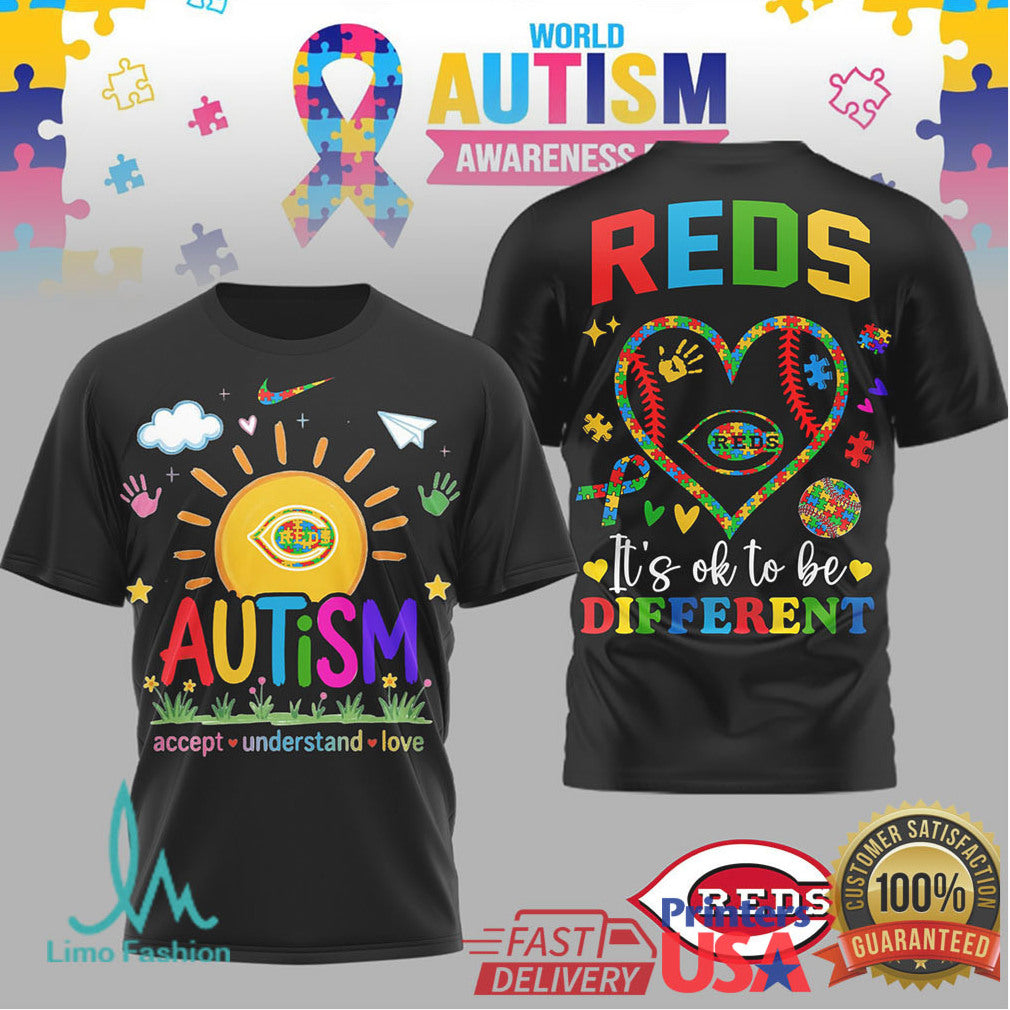Cincinnati Reds World Autism Awareness Day “It's OK To Be Different” T Shirt - Limotees LLC