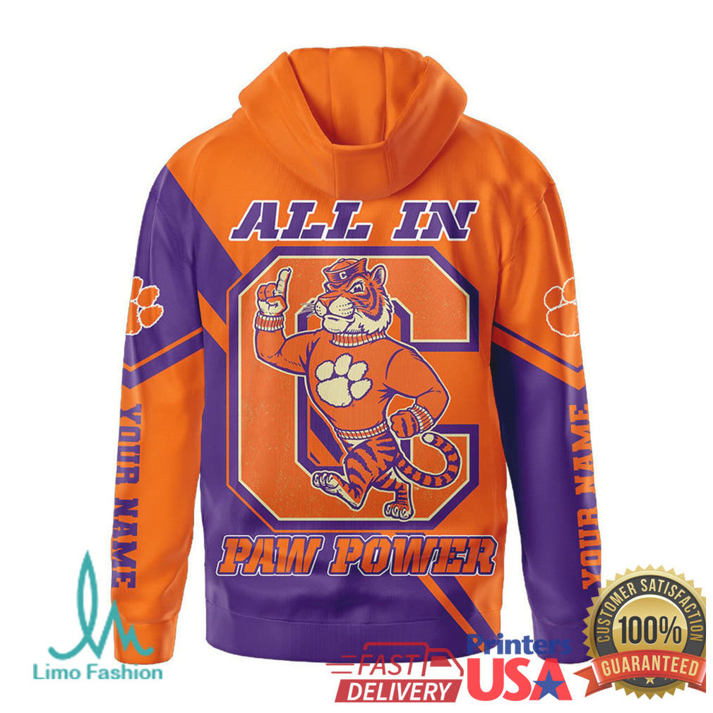 Clemson Tigers Paw Power All In Custom Name 3D T Shirt - Limotees LLC