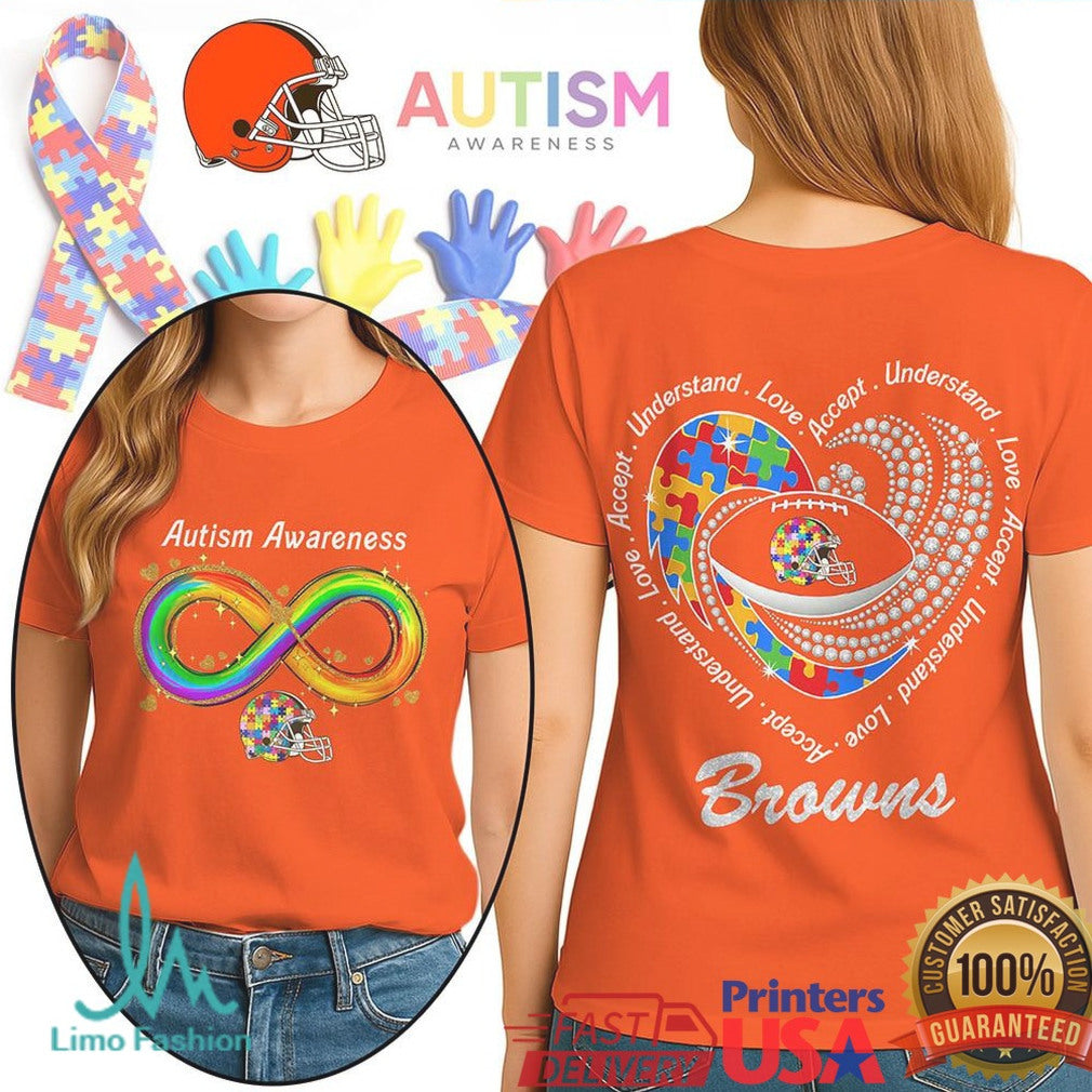 Cleveland Browns Autism Awareness T Shirt Rainbow Infinity Football Heart - Limotees LLC