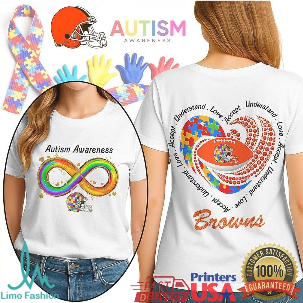 Cleveland Browns Autism Awareness T Shirt Rainbow Infinity Football Heart - Limotees LLC