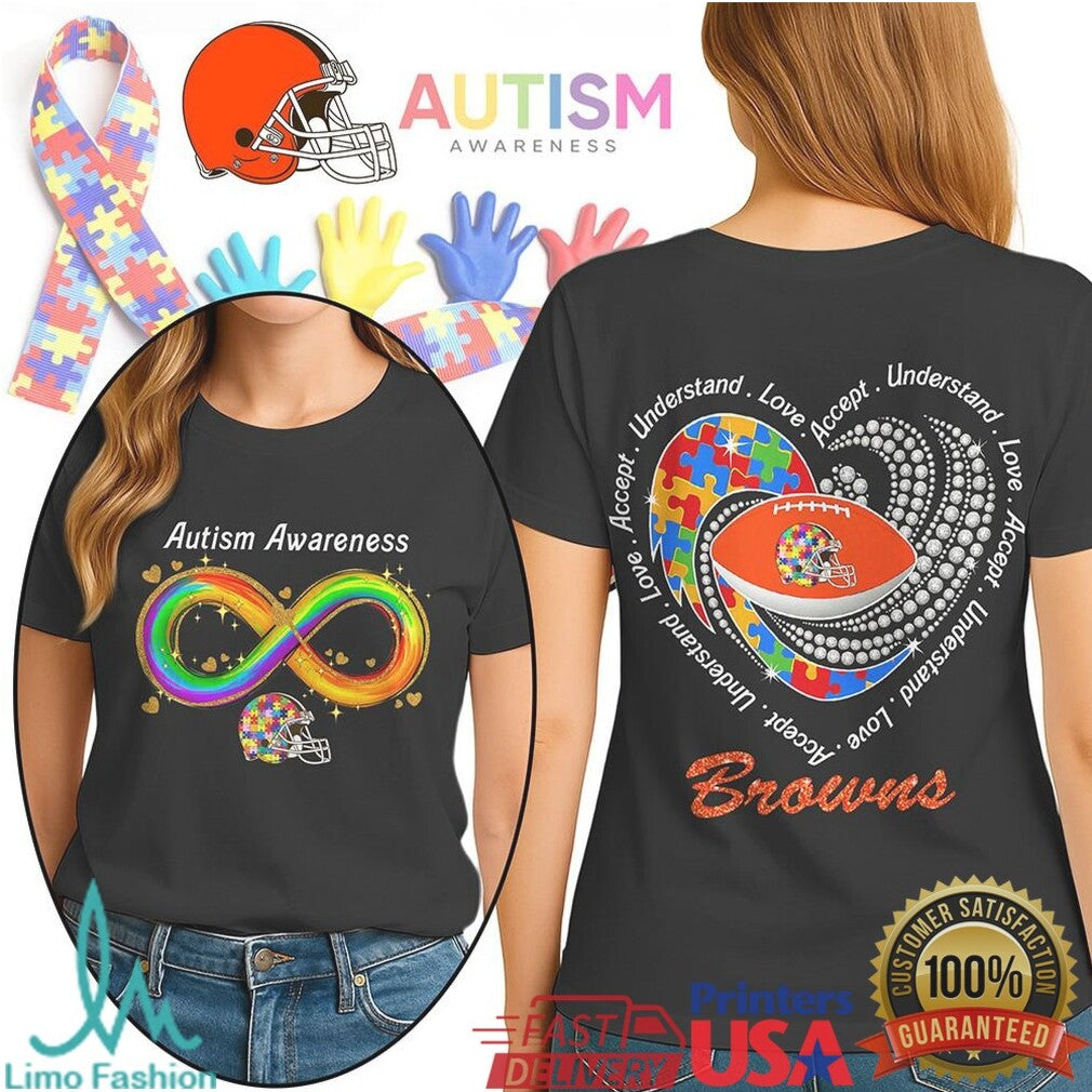 Cleveland Browns Autism Awareness T Shirt Rainbow Infinity Football Heart - Limotees LLC
