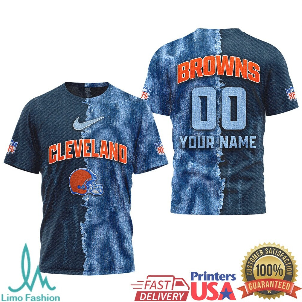 Cleveland Browns Custom Denim Style NFL T Shirt Personalized Name & Number Fan Gear - Limotees LLC