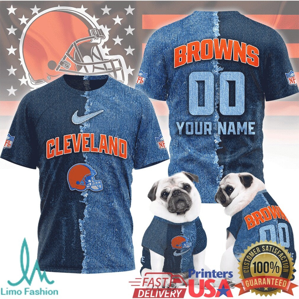 Cleveland Browns Custom Denim Style NFL T Shirt Personalized Name & Number Fan Gear - Limotees LLC