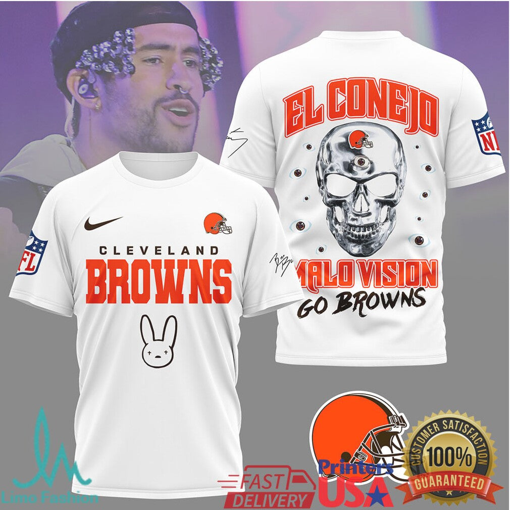 Cleveland Browns El Conejo Bad Bunny Skull Design NFL Fan Tee - Limotees LLC