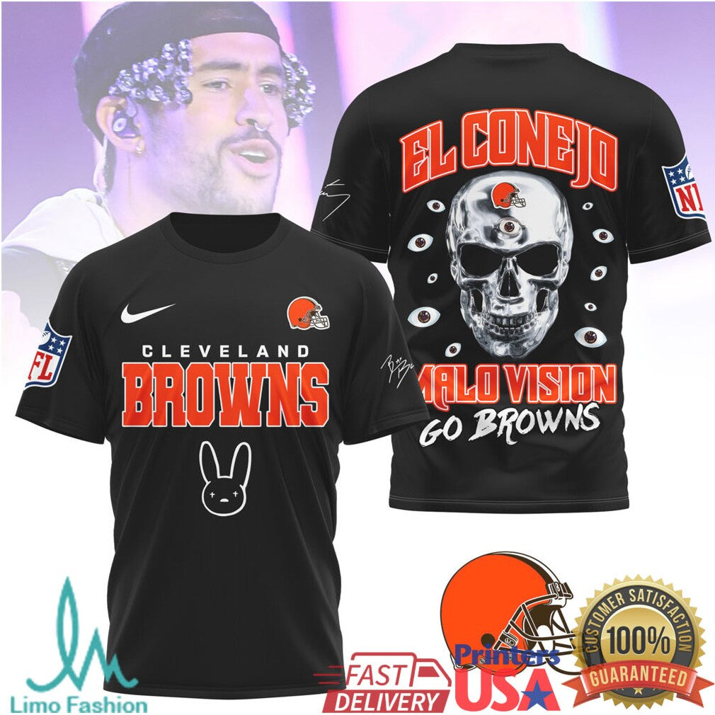 Cleveland Browns El Conejo Bad Bunny Skull Design NFL Fan Tee - Limotees LLC