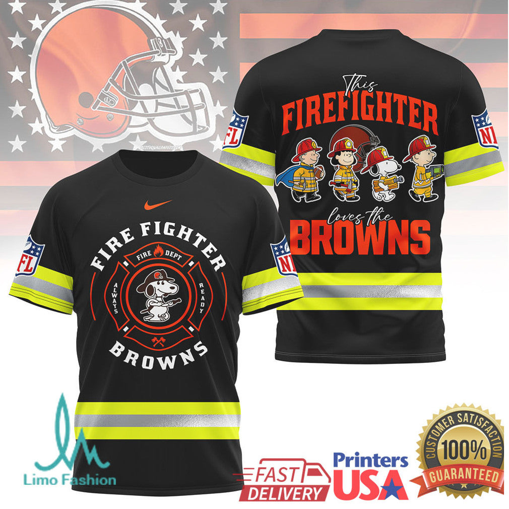 Cleveland Browns Firefighter Snoopy Character NFL Graphic T Shirt - Limotees LLC