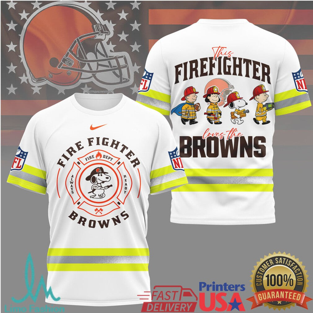 Cleveland Browns Firefighter Snoopy Character NFL Graphic T Shirt - Limotees LLC