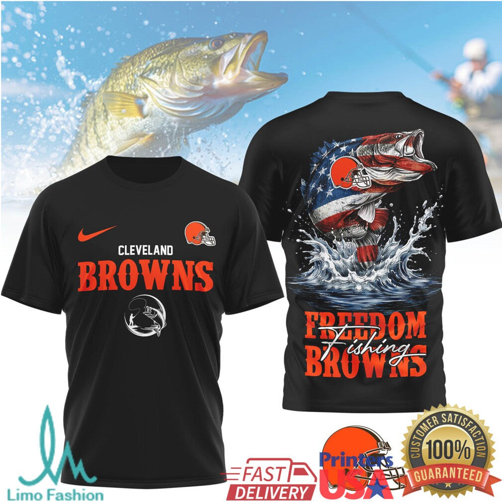 Cleveland Browns Freedom Fishing Bass American Flag T Shirt - Limotees LLC