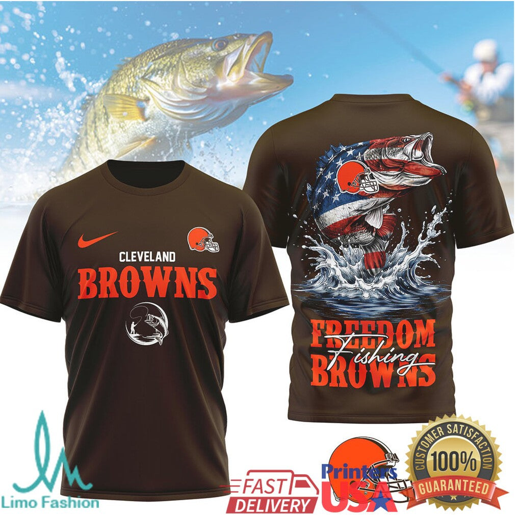 Cleveland Browns Freedom Fishing Bass American Flag T Shirt - Limotees LLC