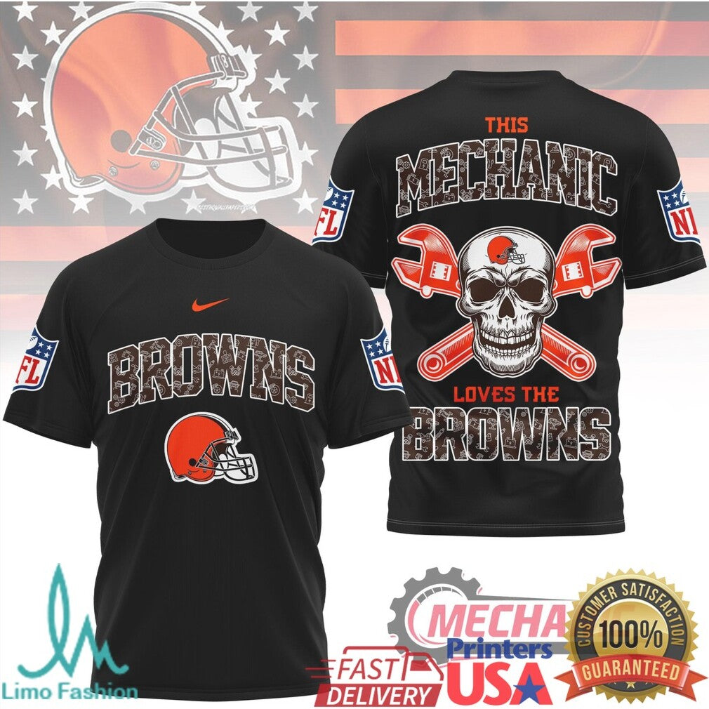 Cleveland Browns Mechanic Skull Football Helmet Apparel T Shirt - Limotees LLC