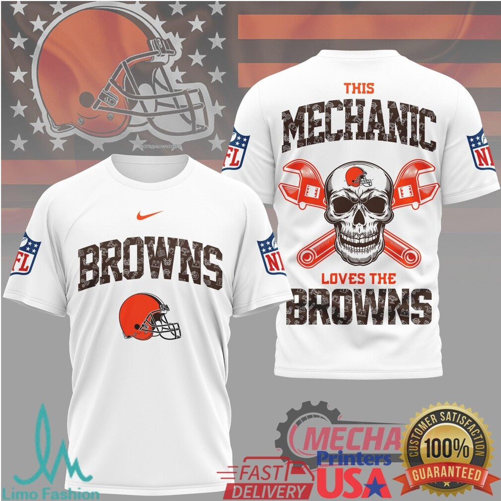 Cleveland Browns Mechanic Skull Football Helmet Apparel T Shirt - Limotees LLC