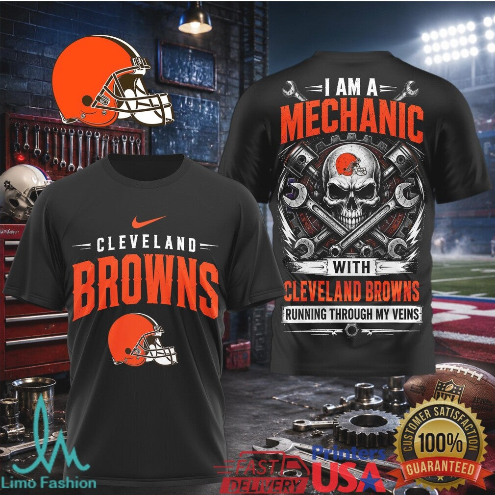 Cleveland Browns Mechanic Skull Running Through My Veins T Shirt - Limotees LLC