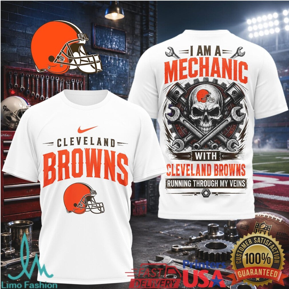 Cleveland Browns Mechanic Skull Running Through My Veins T Shirt - Limotees LLC