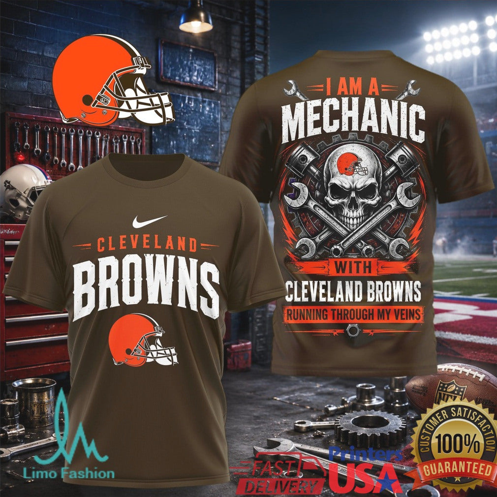 Cleveland Browns Mechanic Skull Running Through My Veins T Shirt - Limotees LLC