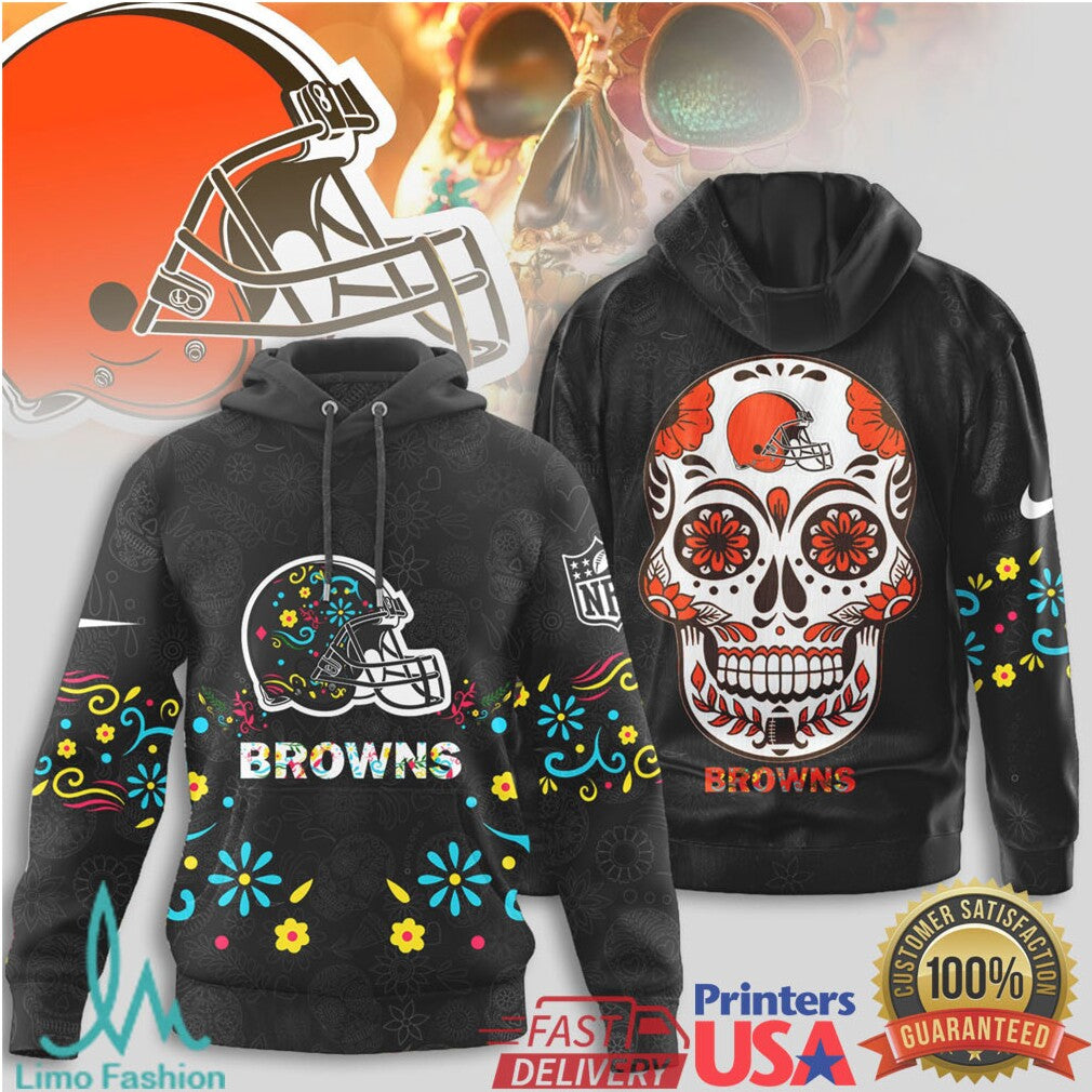 Cleveland Browns NFL Sugar Skull Helmet Graphic Black T Shirt - Limotees LLC