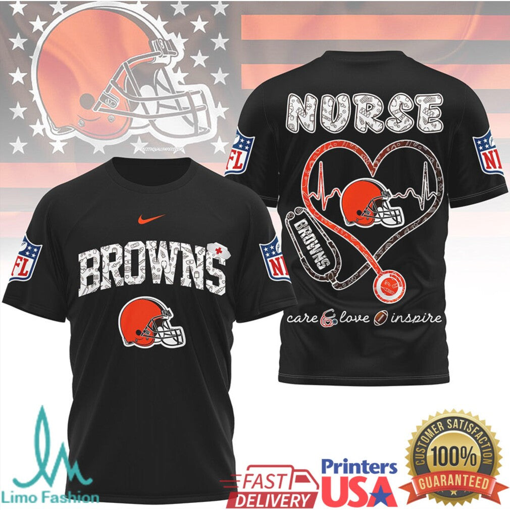 Cleveland Browns Nurse T Shirt NFL Stethoscope Heart Care Love Inspire T Shirt - Limotees LLC