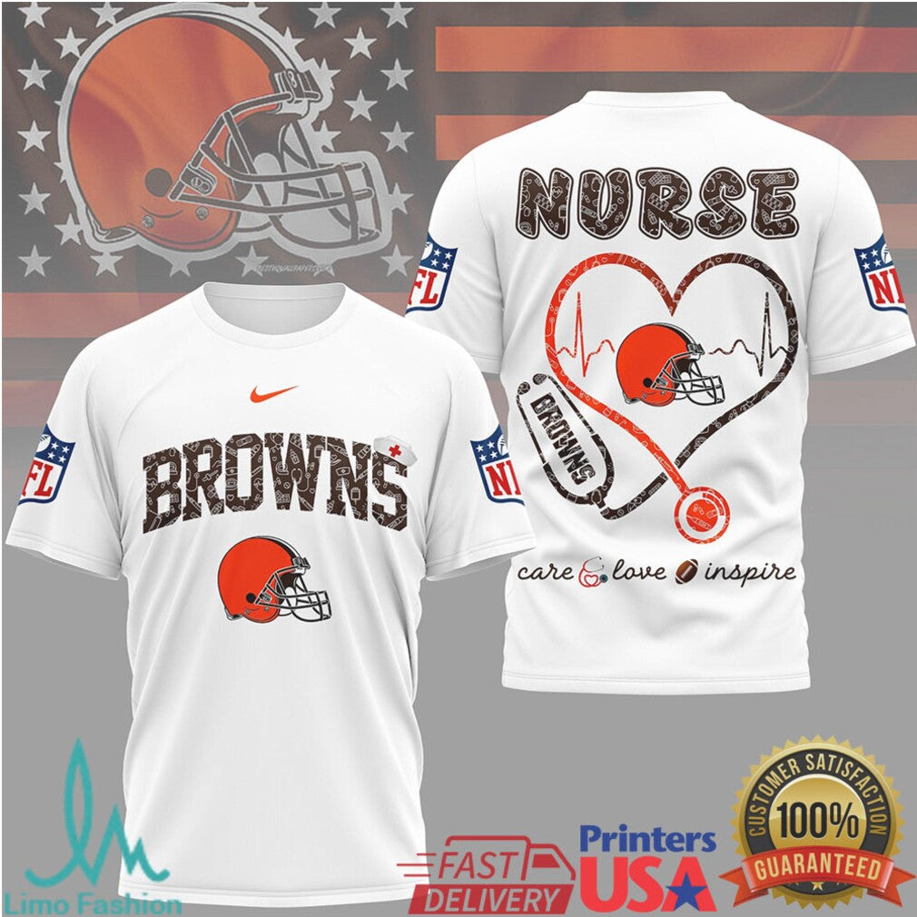 Cleveland Browns Nurse T Shirt NFL Stethoscope Heart Care Love Inspire T Shirt - Limotees LLC