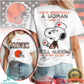 Cleveland Browns Nurse T Shirt Snoopy Never Underestimate A Woman Still Nursing In Her Sixties - Limotees LLC