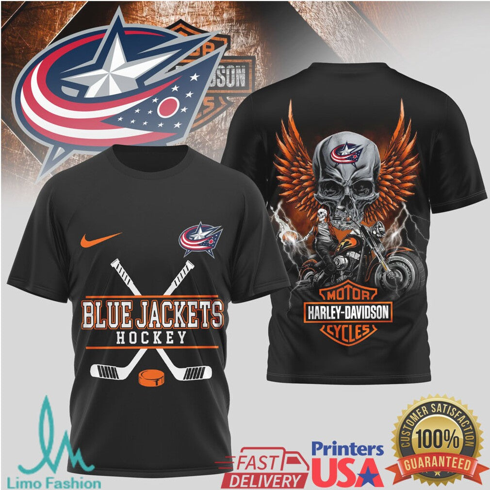Columbus Blue Jackets Hockey x Harley Davidson Skull Wing Biker T Shirt - Limotees LLC