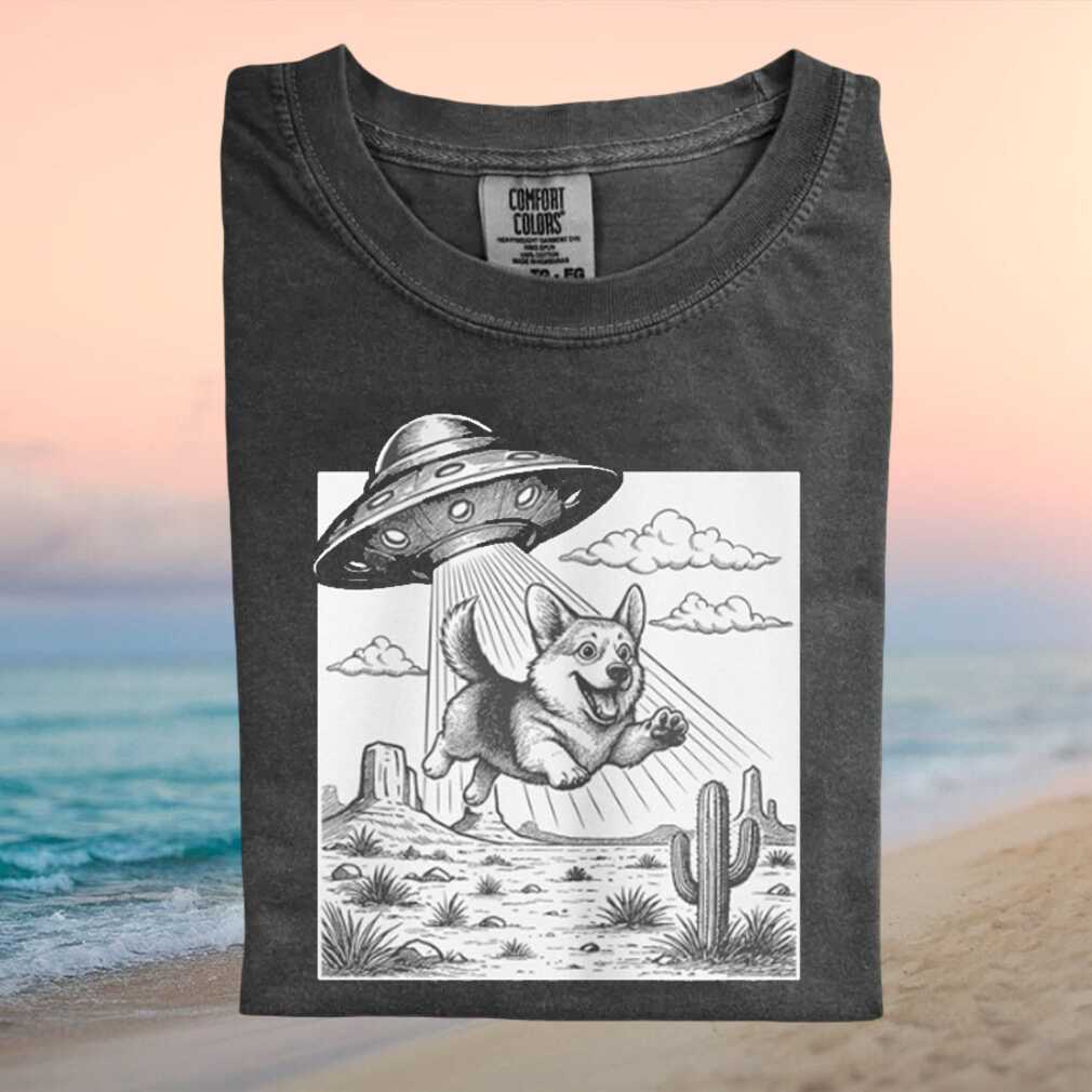 Corgi Dog Abducted By UFO Alien Spaceship Funny Graphic T Shirt - Limotees LLC