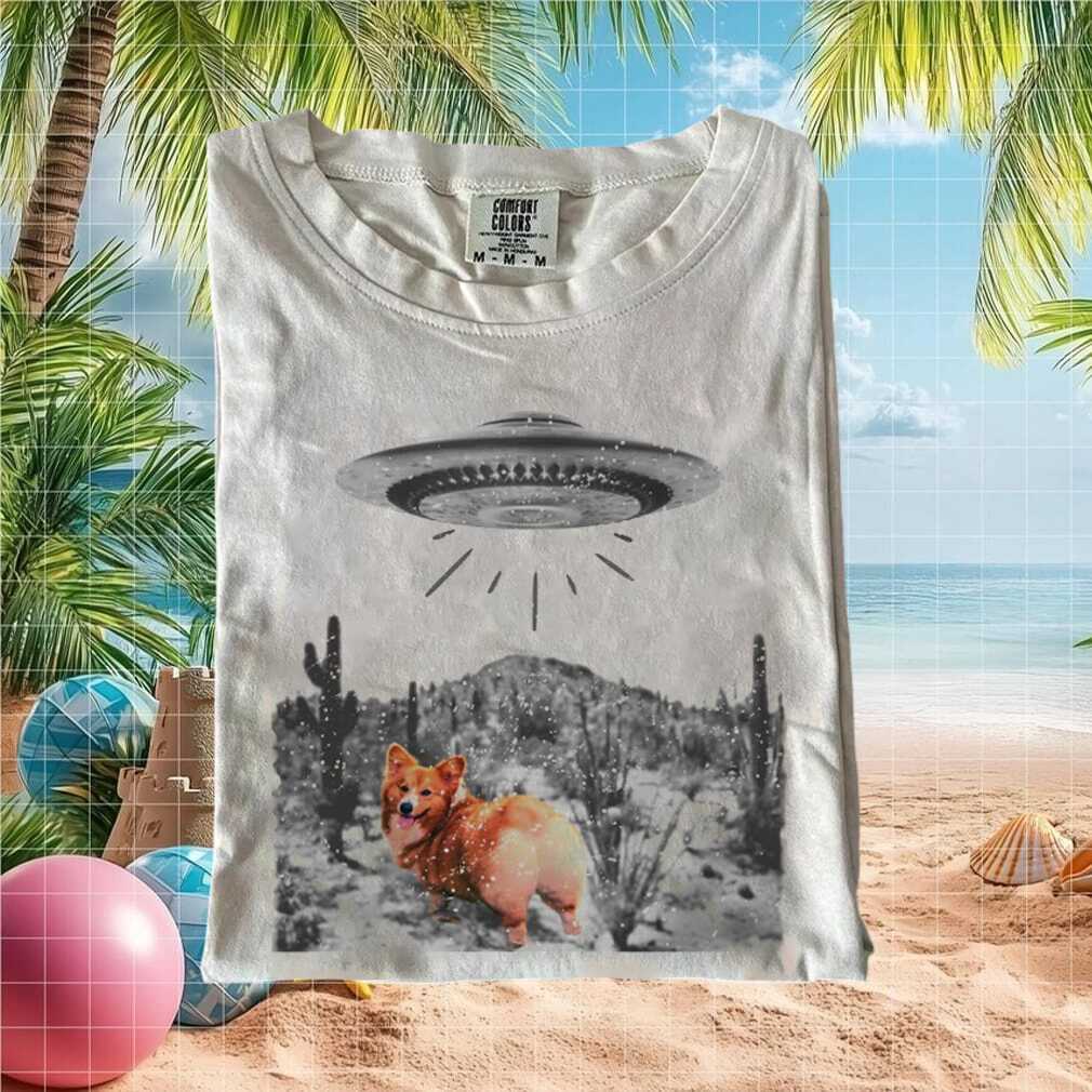 Corgi Dog UFO Alien Abduction Desert Landscape Funny T Shirt - Limotees LLC