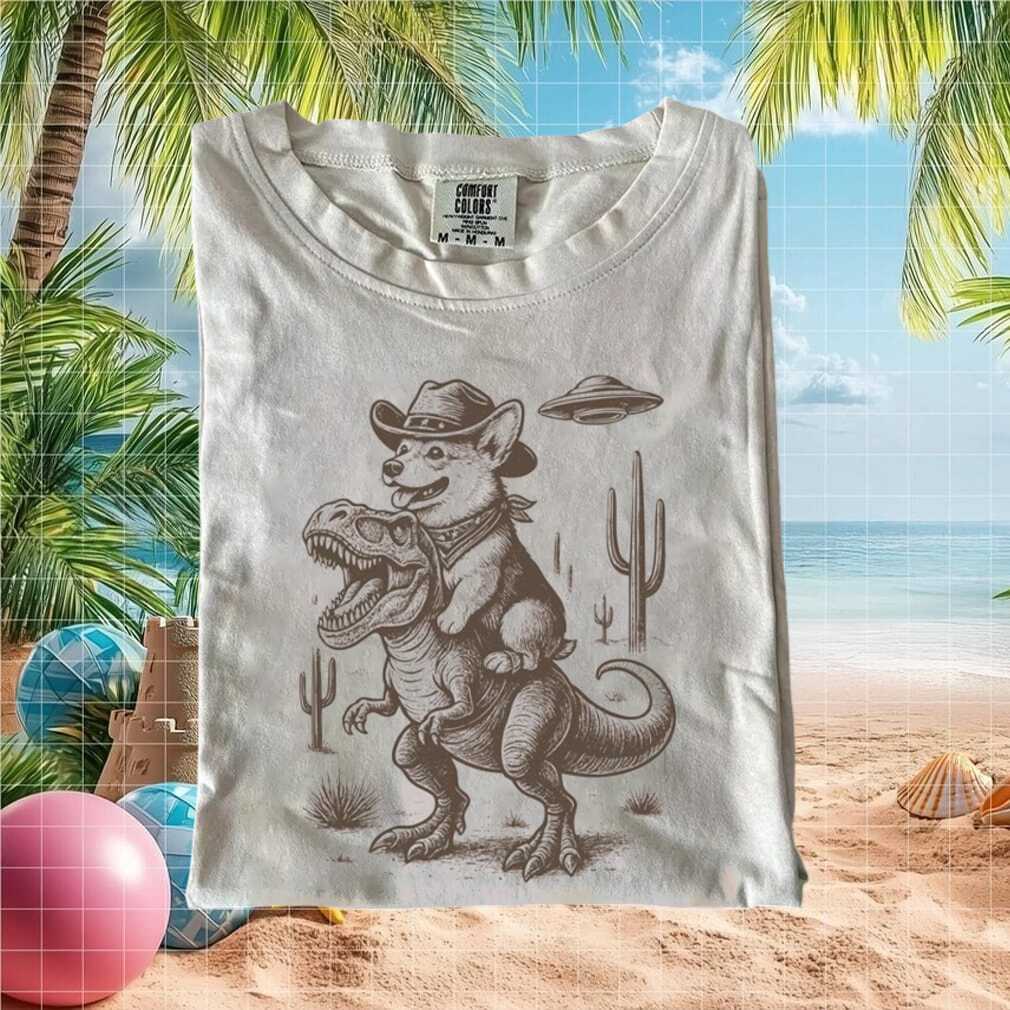 Corgi Riding T Rex Cowboy Western Funny Cute Dog Graphic T Shirt - Limotees LLC