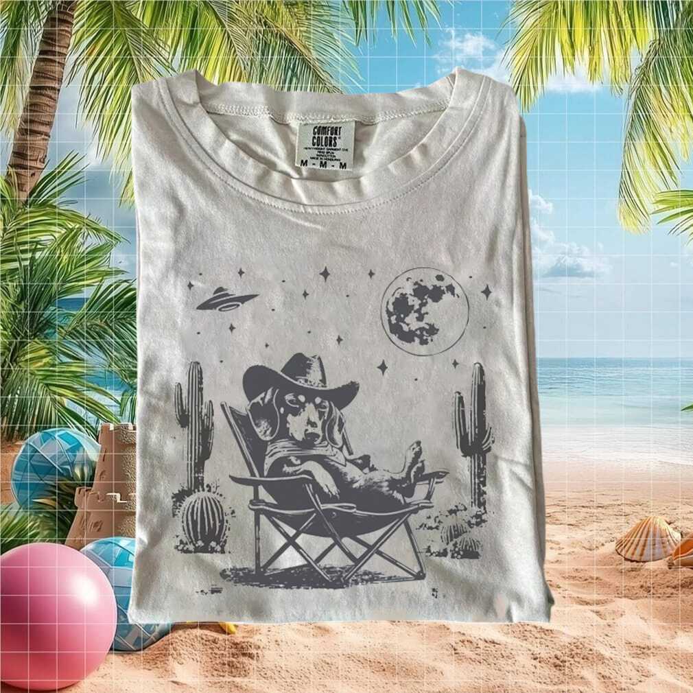 Cowboy Dachshund Dog Moon UFO Western Aesthetic Graphic T Shirt - Limotees LLC