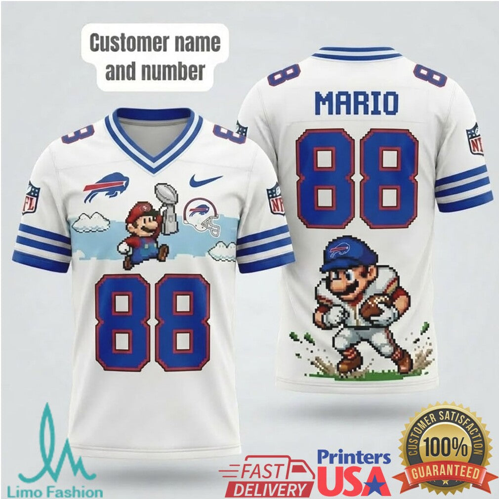 Custom Buffalo Bills Super Mario Retro Pixel Graphic Football T Shirt - Limotees LLC