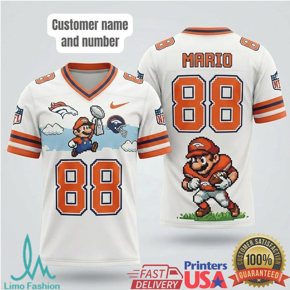 Custom Denver Broncos Super Mario 8 Bit Pixel Graphic Football T Shirt - Limotees LLC