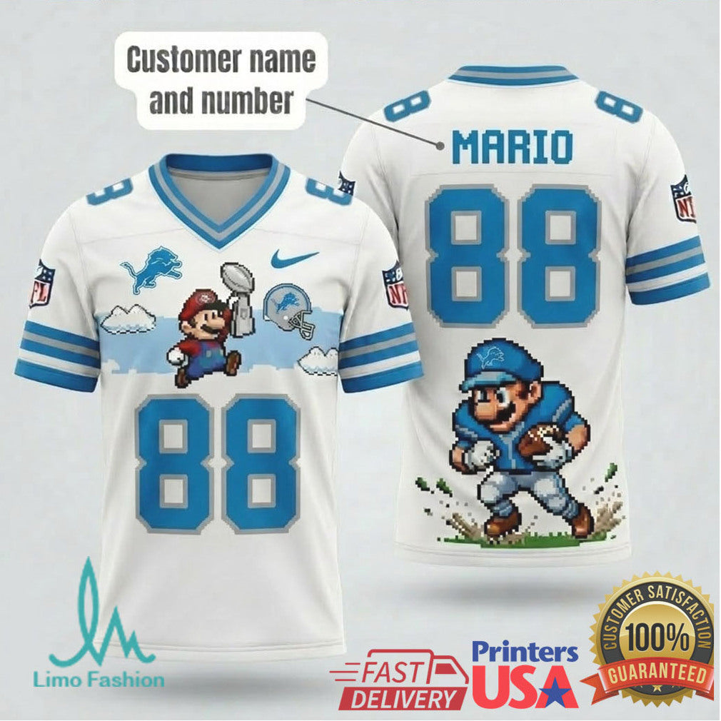 Custom Detroit Lions Mario Retro Pixel Football T Shirt Personalized Name & Number Fan Gear - Limotees LLC