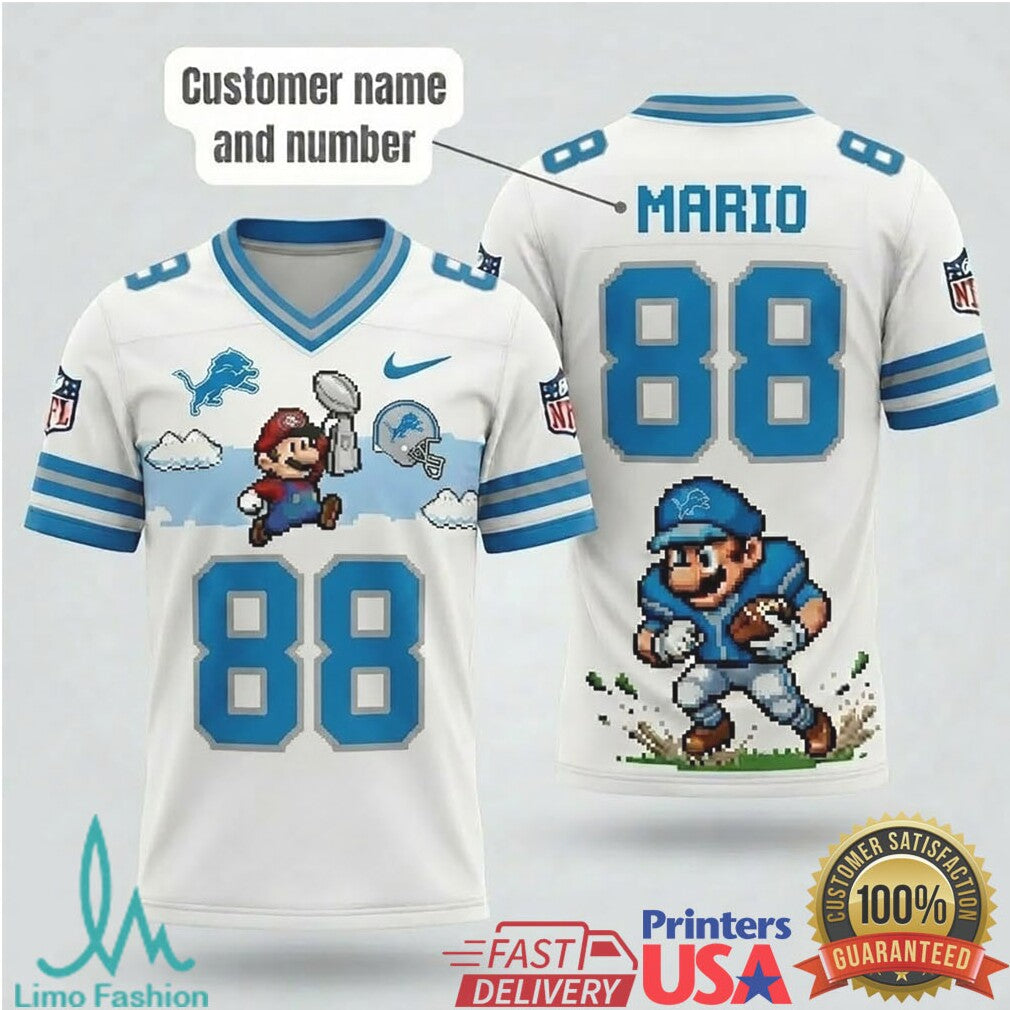 Custom Detroit Lions Mario Retro Pixel Football T Shirt Personalized Name & Number Fan Gear - Limotees LLC