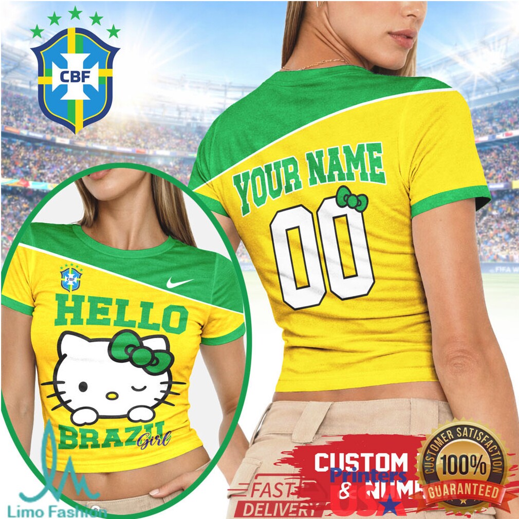 Custom Hello Kitty Brazil Football Women's T Shirt Personalized Brazil National Team Jersey Style - Limotees LLC