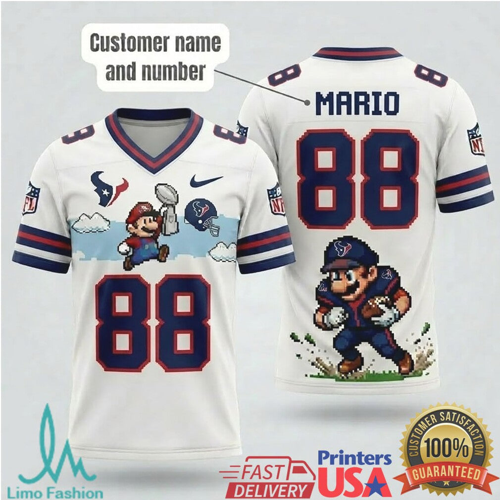 Custom Houston Texans Super Mario Retro Pixel Design Football T Shirt - Limotees LLC