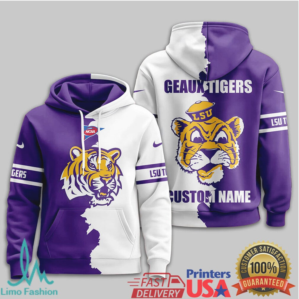 Custom LSU Tigers Geaux Tigers Mascot Split White Purple 3D T Shirt - Limotees LLC