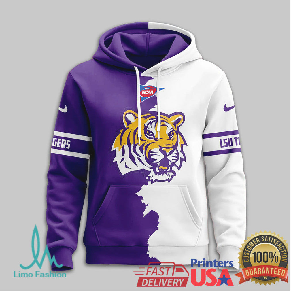 Custom LSU Tigers Geaux Tigers Mascot Split White Purple 3D T Shirt - Limotees LLC