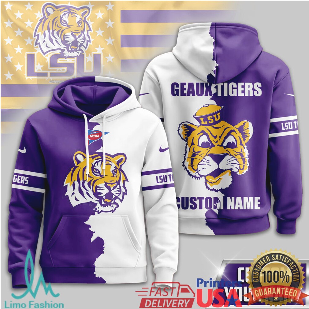 Custom LSU Tigers Geaux Tigers Mascot Split White Purple 3D T Shirt - Limotees LLC
