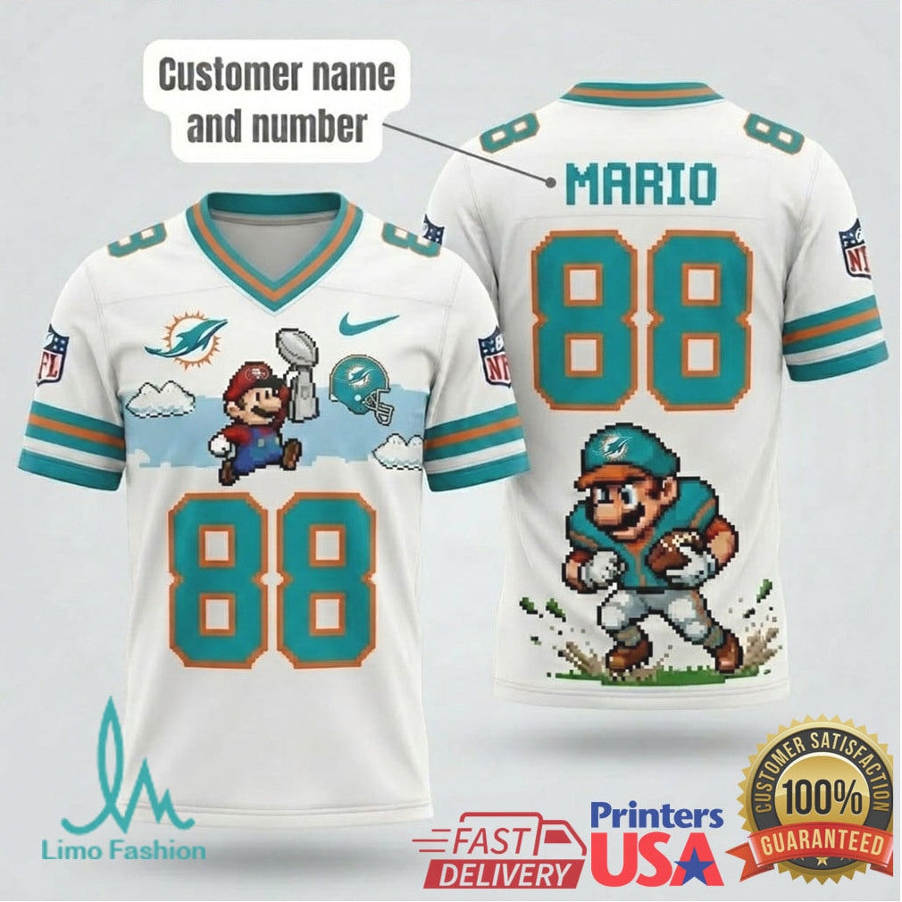 Custom Miami Dolphins Mario Gamer Football T Shirt Personalized 8 Bit Retro Sports Apparel - Limotees LLC