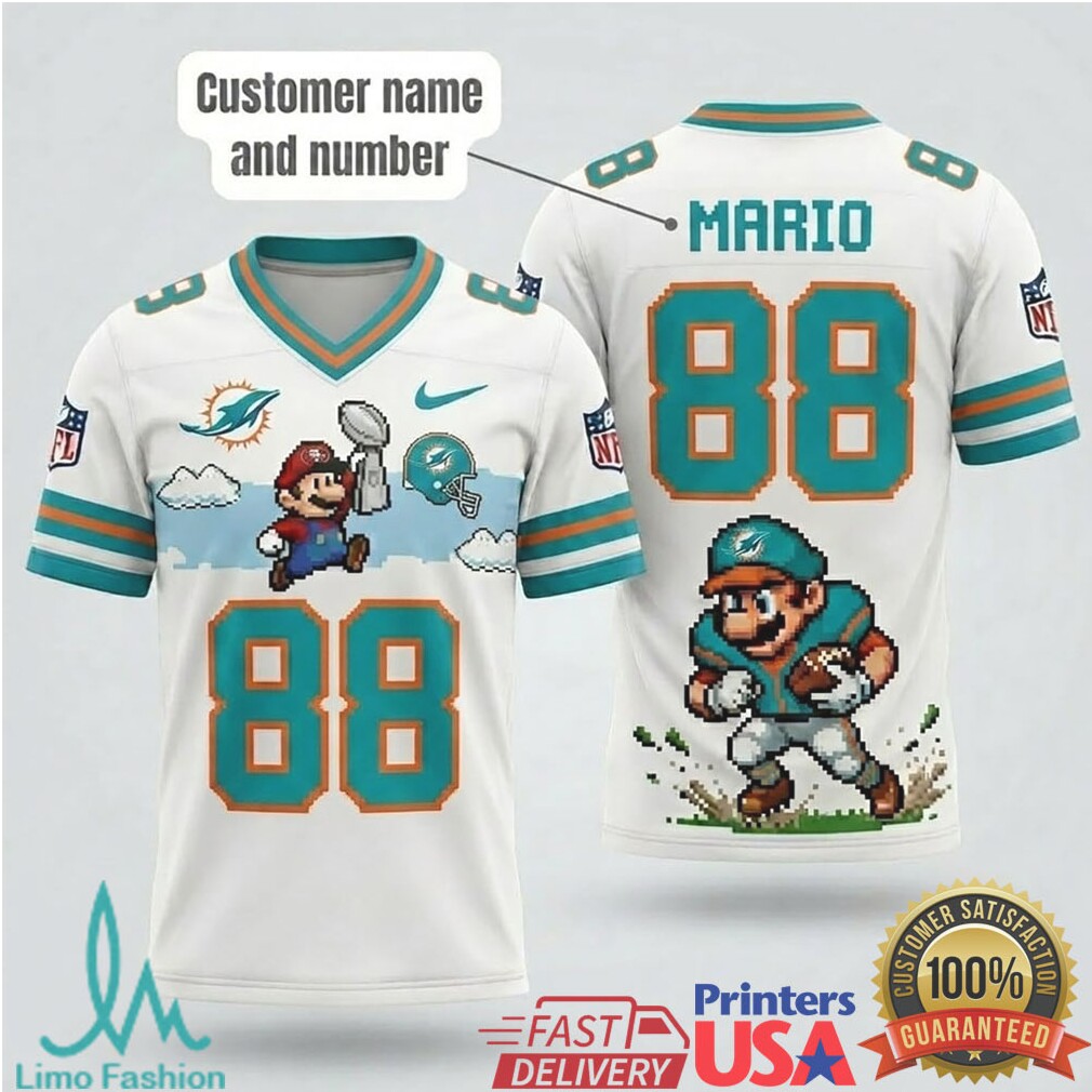 Custom Miami Dolphins Mario Gamer Football T Shirt Personalized 8 Bit Retro Sports Apparel - Limotees LLC