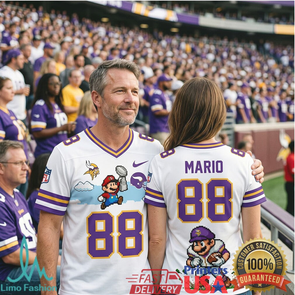 Custom Minnesota Vikings Retro Mario Pixel Football T Shirt Personalized Name & Number T Shirt - Limotees LLC